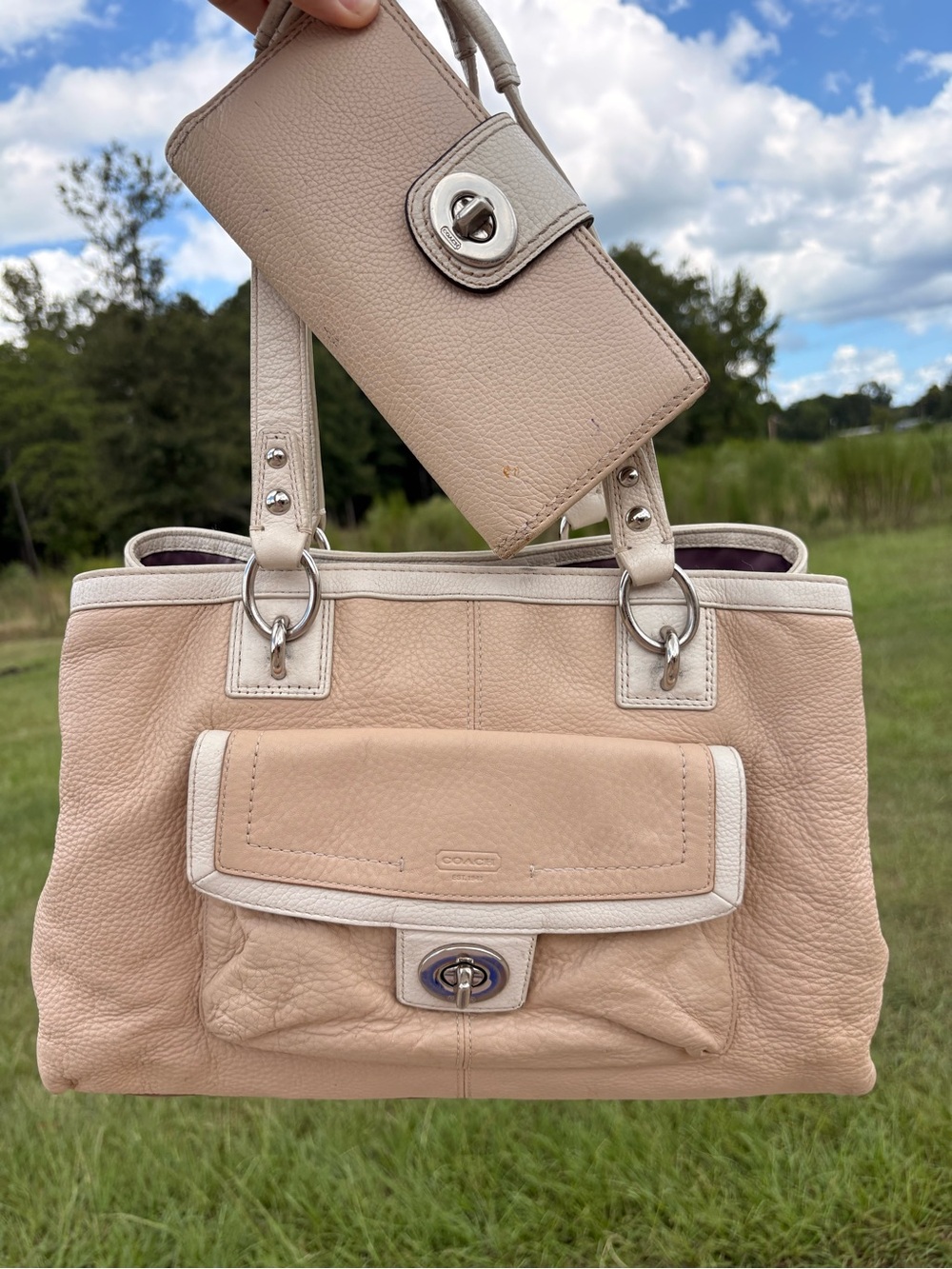 Coach Pebbled Leather Tote with Matching Wallet - tan